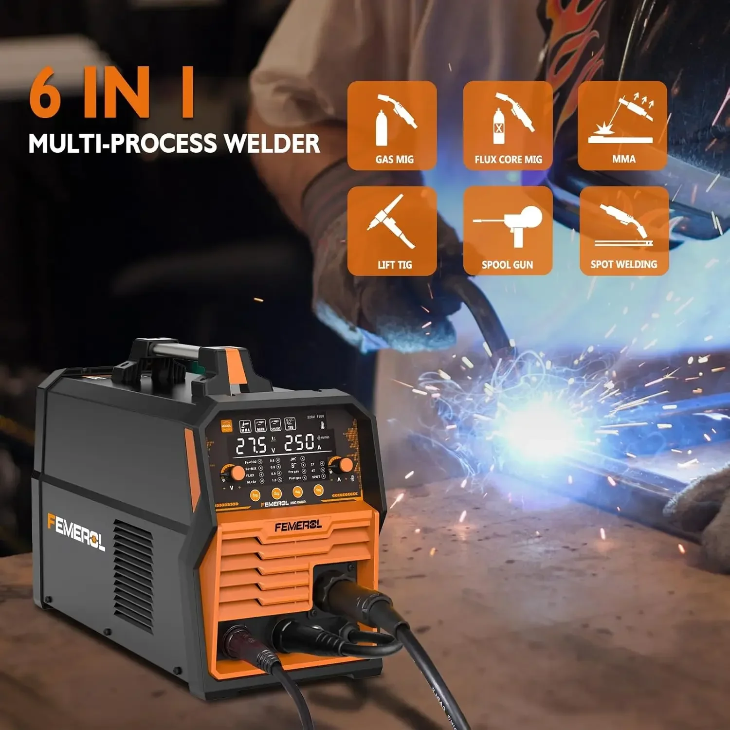 Welder,6 in 1 Gas MIG/Gasless Flux Core/Stick/Lift TIG/Spot Welding/Spool Gun Compatible Aluminum Welding Machine Large LED Disp