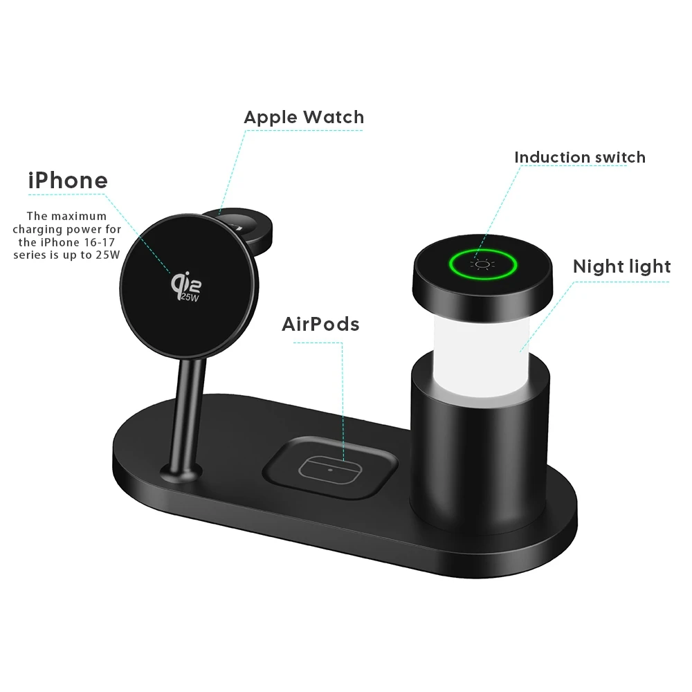 4 in 1 25W Magnetic Fast Charger Station with 45W Power Brick Smart Trickle Bedside Light for iPhone 18 17 16 Plus iWatch Pro