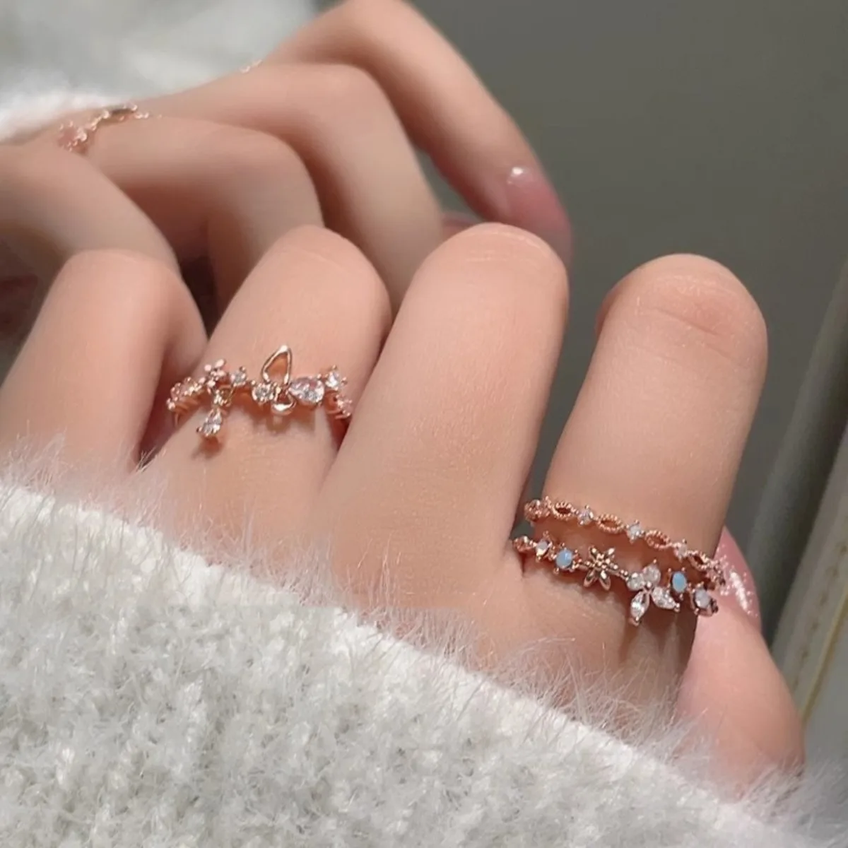 خاتم الزركون على شكل فراشة قابل للتعديل، خواتم من الفولاذ المقاوم للصدأ بطبقة مزدوجة مجوهرات لطيفة باللون الذهبي الوردي للنساء، فكرة هدية أفضل صديق