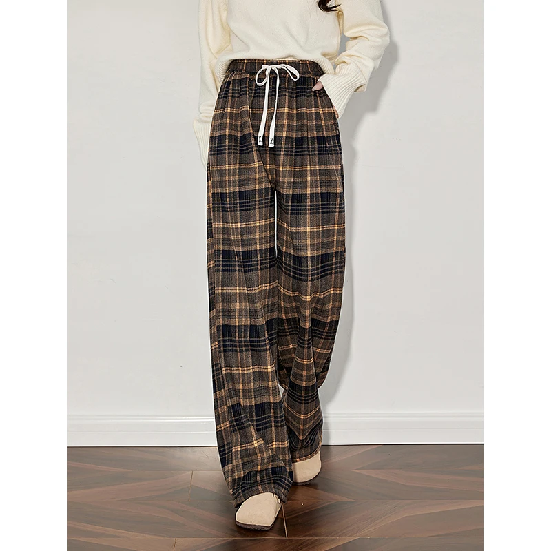 TOYOUTH Women Casual Pants 2024 Autumn and Winter New Plaid Elastic Waist Casual Pants Wide Leg Long Pants