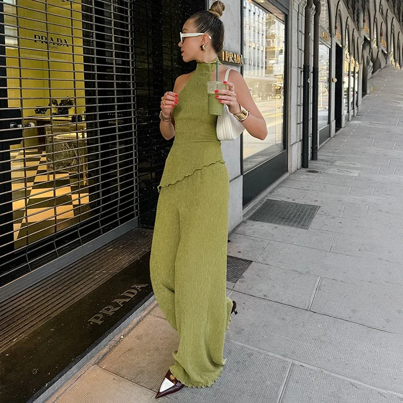 

Fashion Commuting Pleated 2 Piece Sets Female Halter Top Sleeveless Slim Wide Leg Suit 2026 Summer Vacation Casual Sets