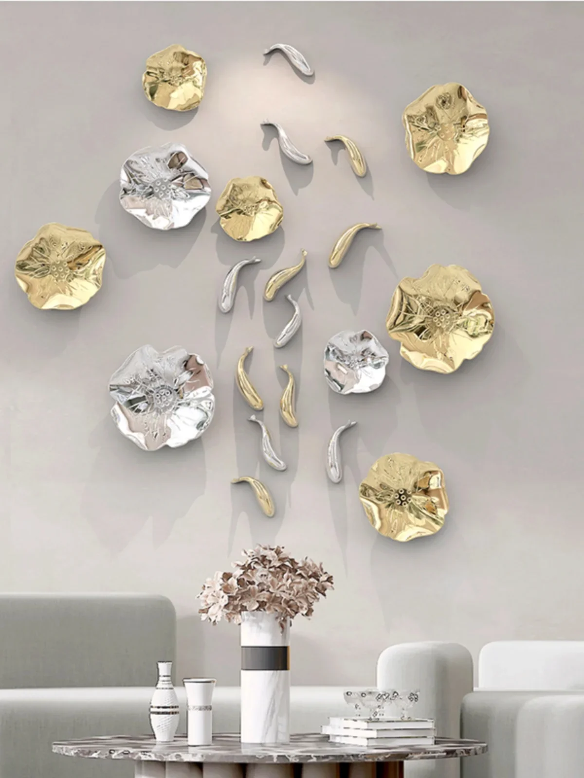 Imitating metal plastic lotus leaf carp living room sofa background pendant wall decoration bedroom wall decoration wall sticker