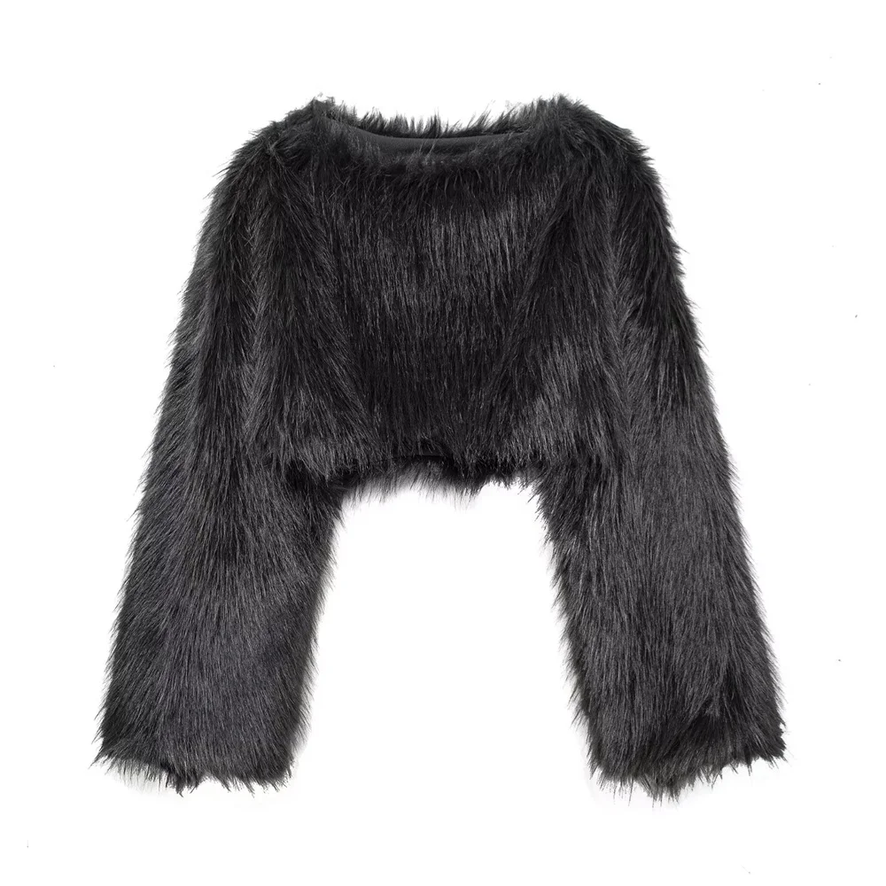 New autumn and winter fashion casual women\'s round neck faux fur effect short and versatile outerwear hoodie