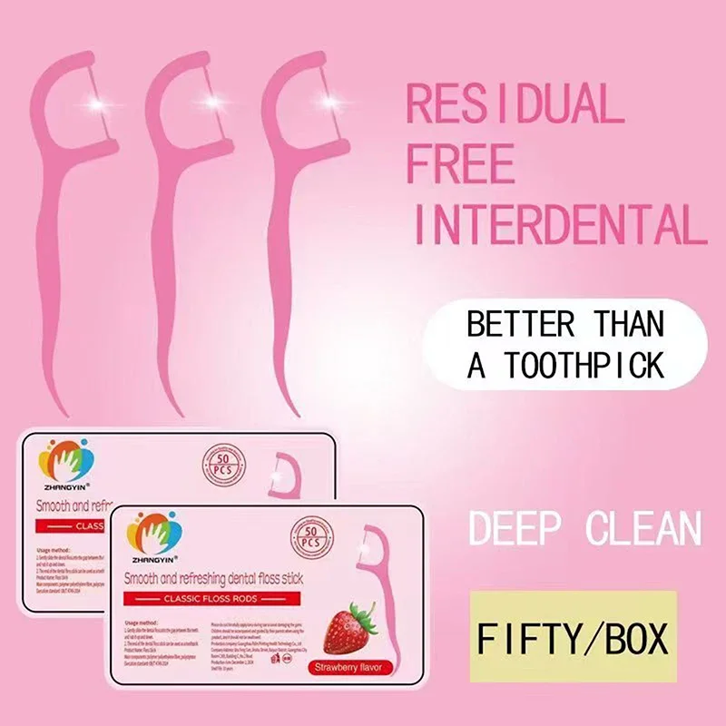 

50/100/200pcs Ultra-Fine Floss Strawberry Flavor Home Set Portable And Disposable Care Floss Rods Deep Cleaning For Oral Care