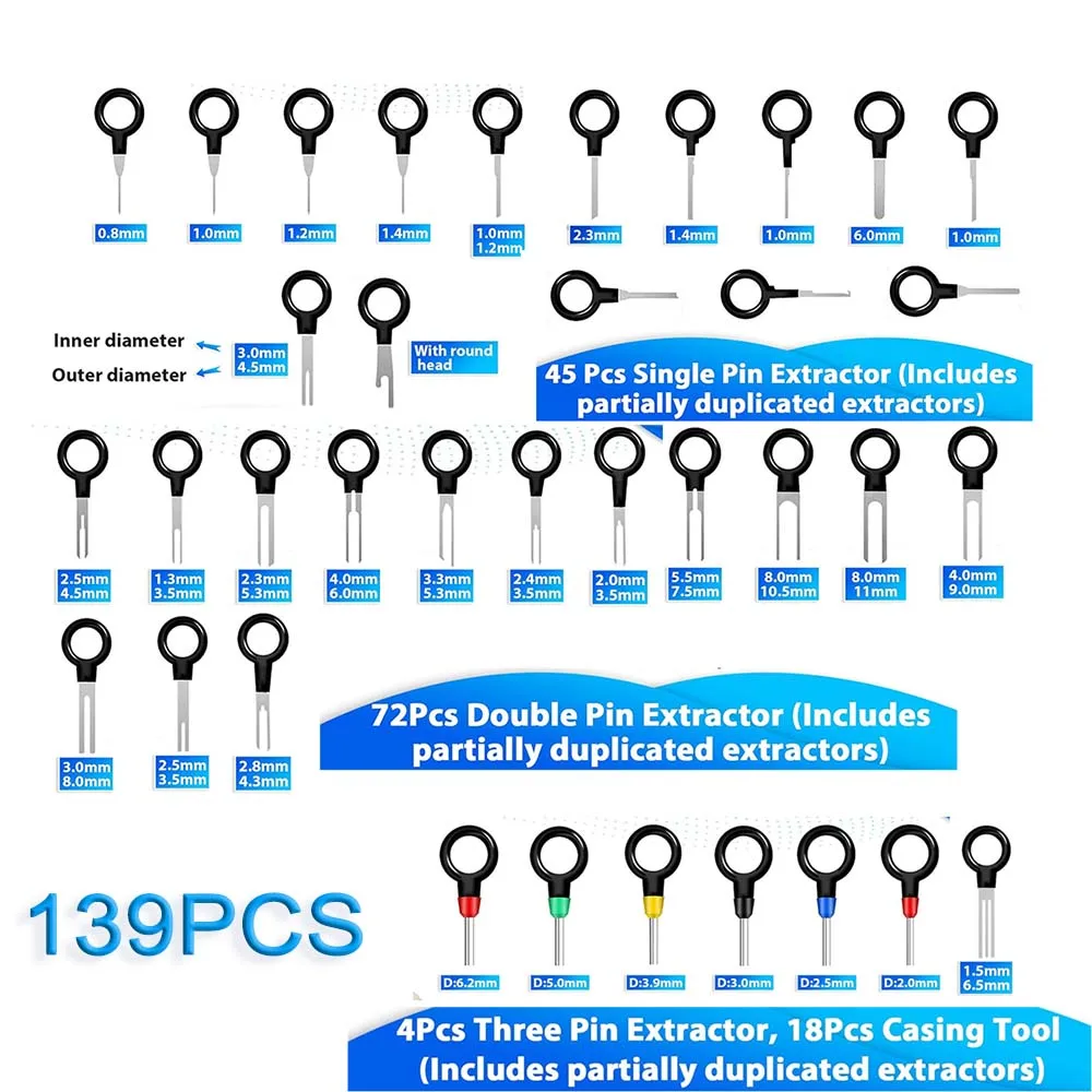 44/82/139PCS Car Terminal Removal Kit Connector Pin Removal Tool Pin Extractor Tool Wire Terminal Release Tool Waterproof Bag