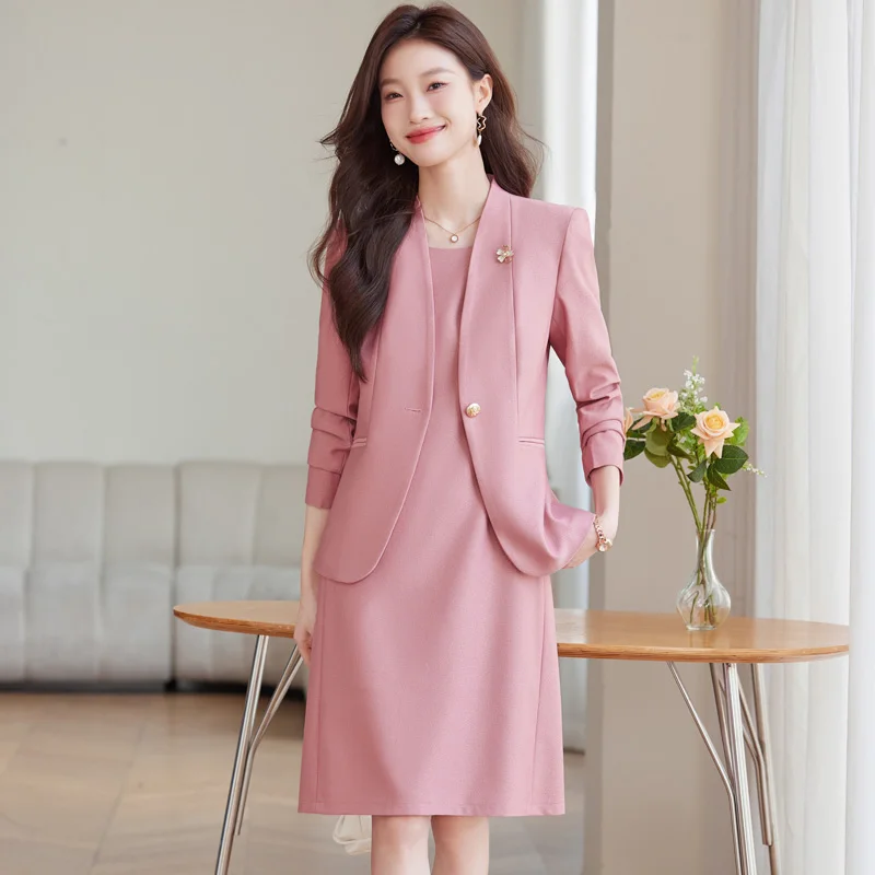 

High-end Suit Dress Set Women Office Elegant 2-piece Suit 2024 Fall Winter Pink/Black/Beige/Navy Blazer Executive Lady Workwear