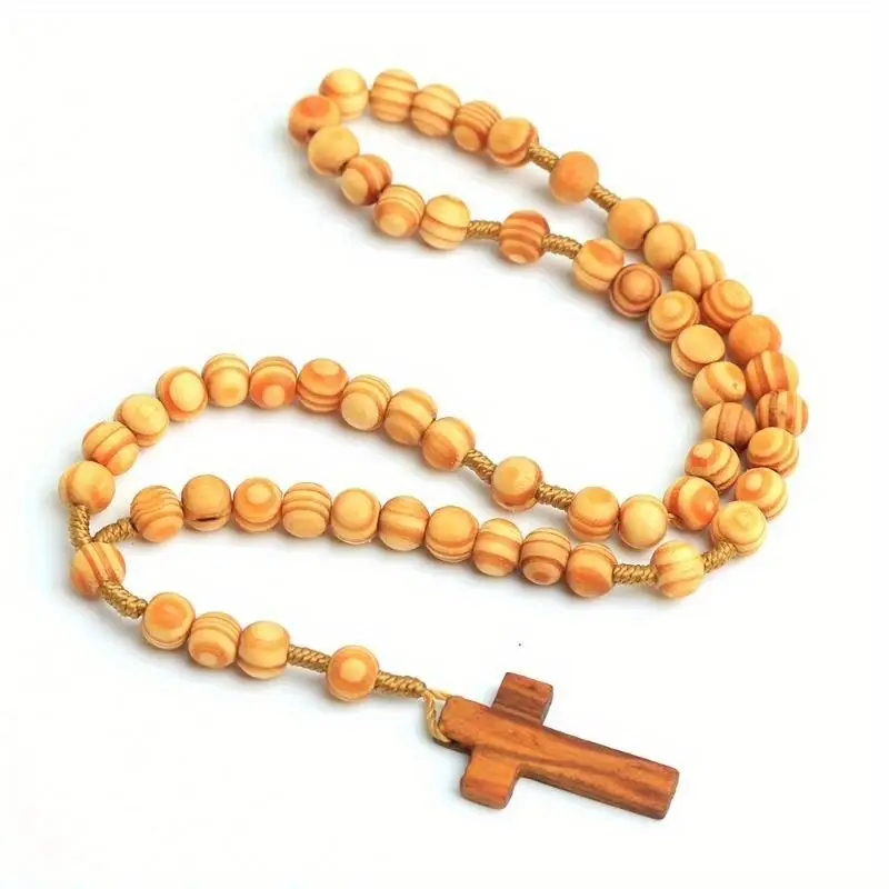 Vintage Wood Rosary Beaded Necklace Jesus Cross Pendant Religious Jewelry for Men Women Daily Car Decor