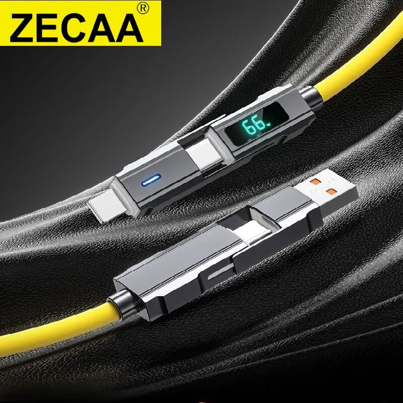 

ZECAA 4 in 1 Fast Charging 66W PD20W Silicone Digital USB Data Charging Cable With Lightning Micro Type C USB Port