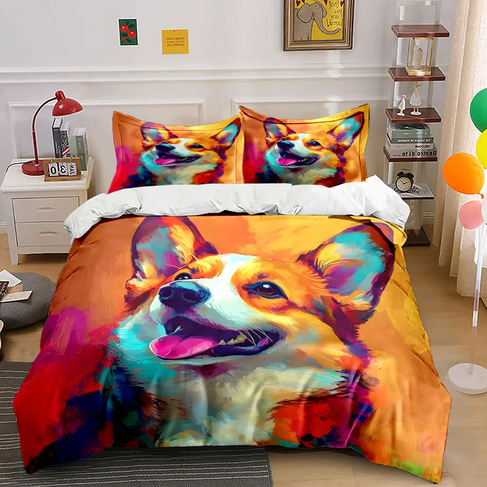 

3Pcs Rainbow Corgi Bedding Set, Vibrant Pop Art Dog Print Duvet Cover + 2 Pillowcases, Pet Lover Decor