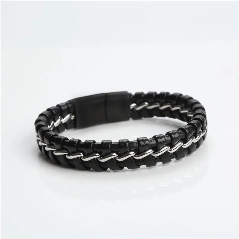 Fashion Stainless Steel and Leather Braided Bracelet For Men Hand-woven Classic Punk Style Leather Bracelet Bangle Jewelry Gift