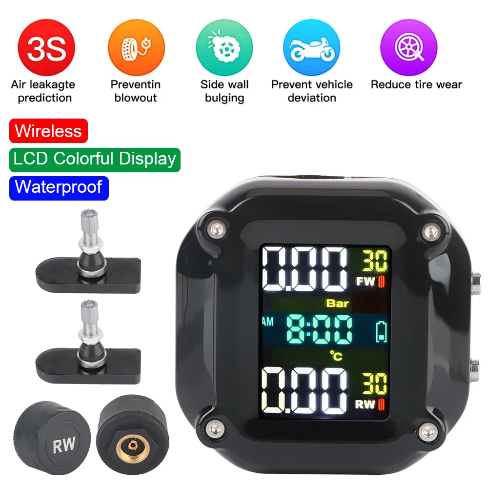 Tire Pressure Gauge Digital Clock Motorcycle TPMS 2 Tire Sensors Motorbike Tire Pressure Monitoring System Tyre Tester Dirt Bike