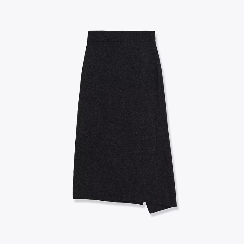 YENKYE Dark Gray Knit Wrap Midi Skirt Women Front Button Asymmetrical Hem Elegant Winter Skirts