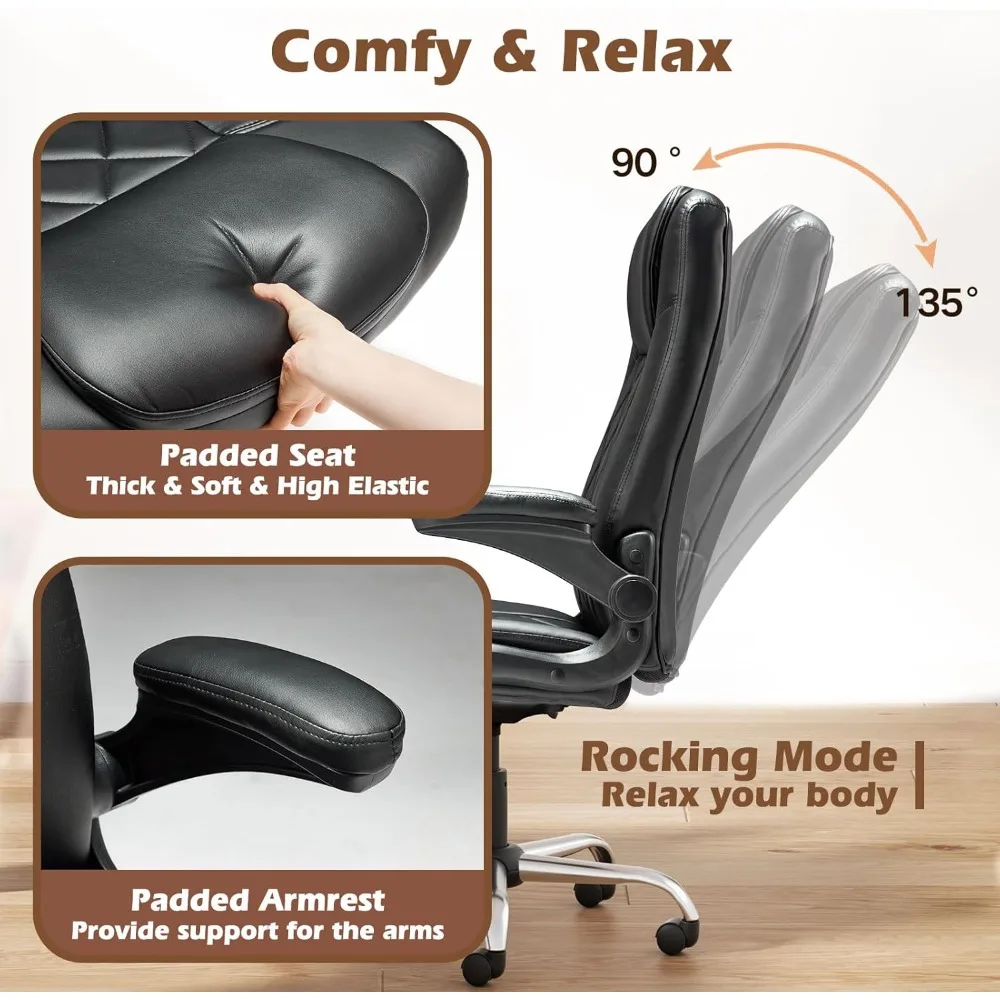 Ergonomic Adjustable PU Leather Computer Chair with Lumbar Support and Flip-Up Arms for Home Office Desk Managers