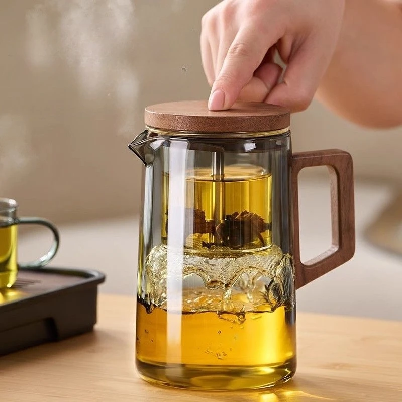 Tea Separation Filtration Glass Tea Pot Wood Handle Tea Water Separation Inner Container Teapot One Click Magnetic Switch