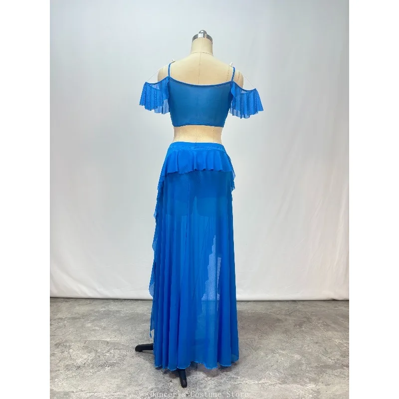 تخصيص بدلة الرقص الشرقي ممارسة DressHot الماس غزل الماء الدانتيل فستان طويل الإحساس أداء فستان مجموعة للنساء 2 قطعة