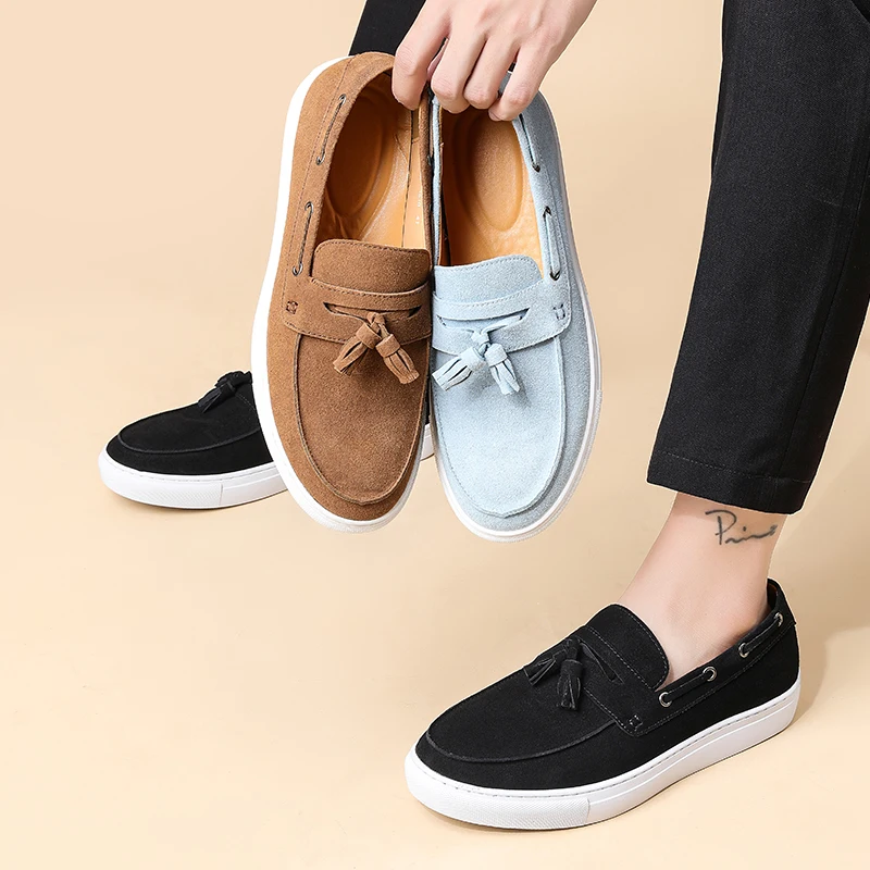 Classic Men's Suede Leather Tassel Loafers Flat Bottom Casual Shoes Spring Summer New Style Fashion Couple Slip-On Lazy Shoes - view 6
