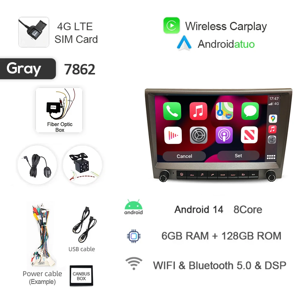 Grijs 720P Auto Android 14 Voor Porsche Cayman 911 987 Boxster 997 CarPlay Autoradio GPS Multimedia navigatie 4GB Bluetooth Wifi