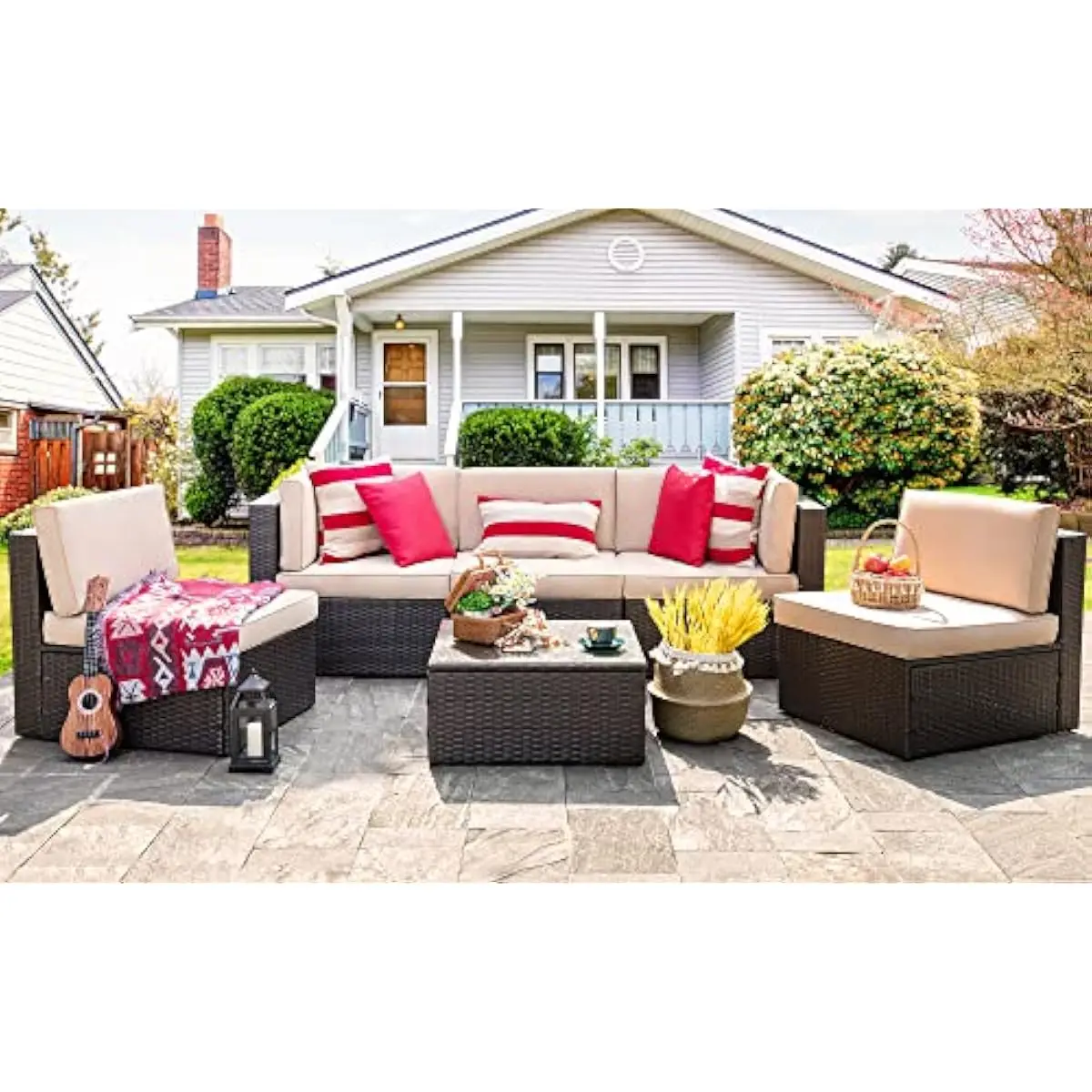 6-Piece All-Weather Wicker Outdoor Lounge Set with Modular Seating Configuration • Beige Finish • Powder-Coated Steel Frame • PE
