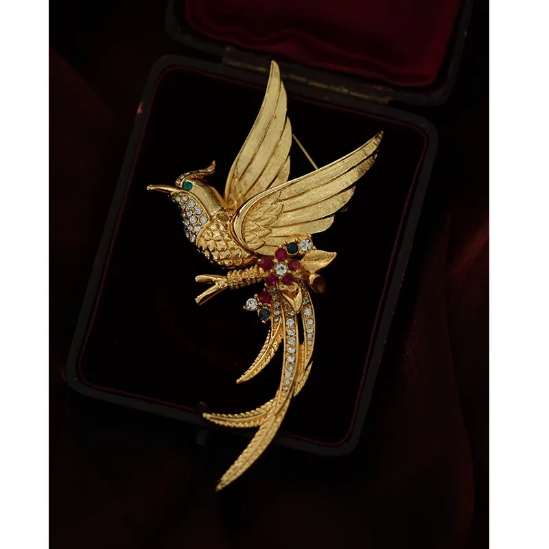 Brass Gold Plated Bird of Paradise Brooch Multicolor Rhinestone Vintage Suit Coat Lapel Pin