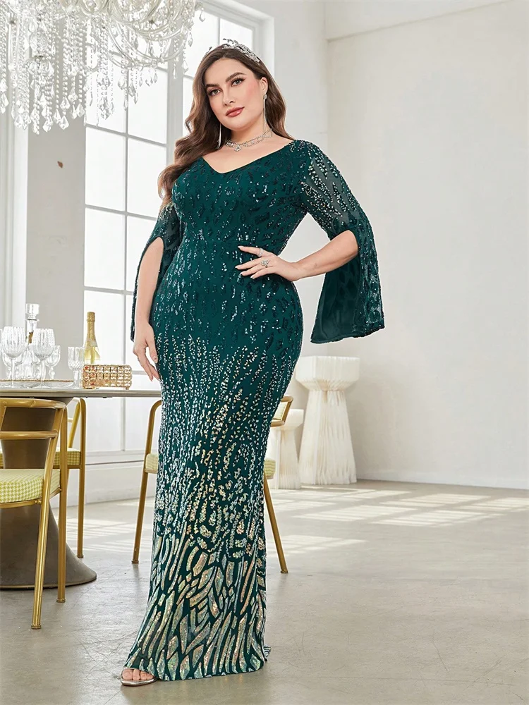 Plus Size Elegant Sequin Black Evening Dress 2025 Women Formal Maxi Prom Long Sleeves Party Luxury Cocktail Dress image 5