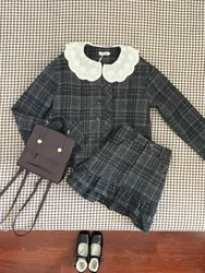 Autumn Japanese Vintage Sweet 2PC Set Female Single Breasted Peter Pan Collar Coat+mini Plaid Skirt Casual Plus Size Women Suits