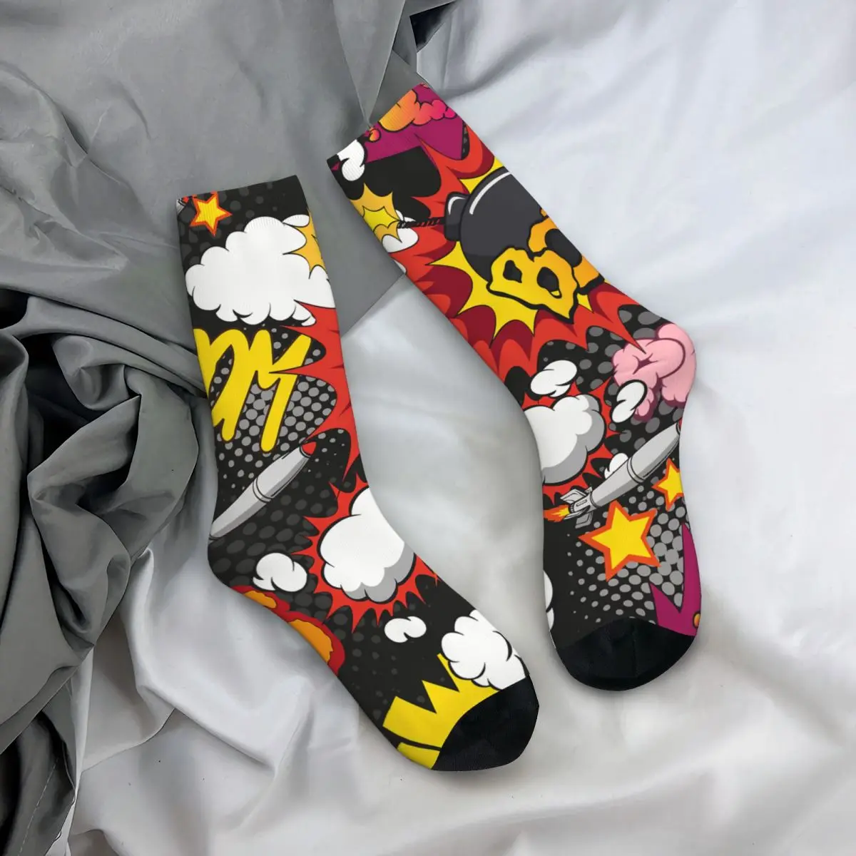 Happy Men\'s Socks Comic Book Explosion Vintage Graffiti Art Pattern Hip Hop Casual Crew Sock Gift Pattern Printed