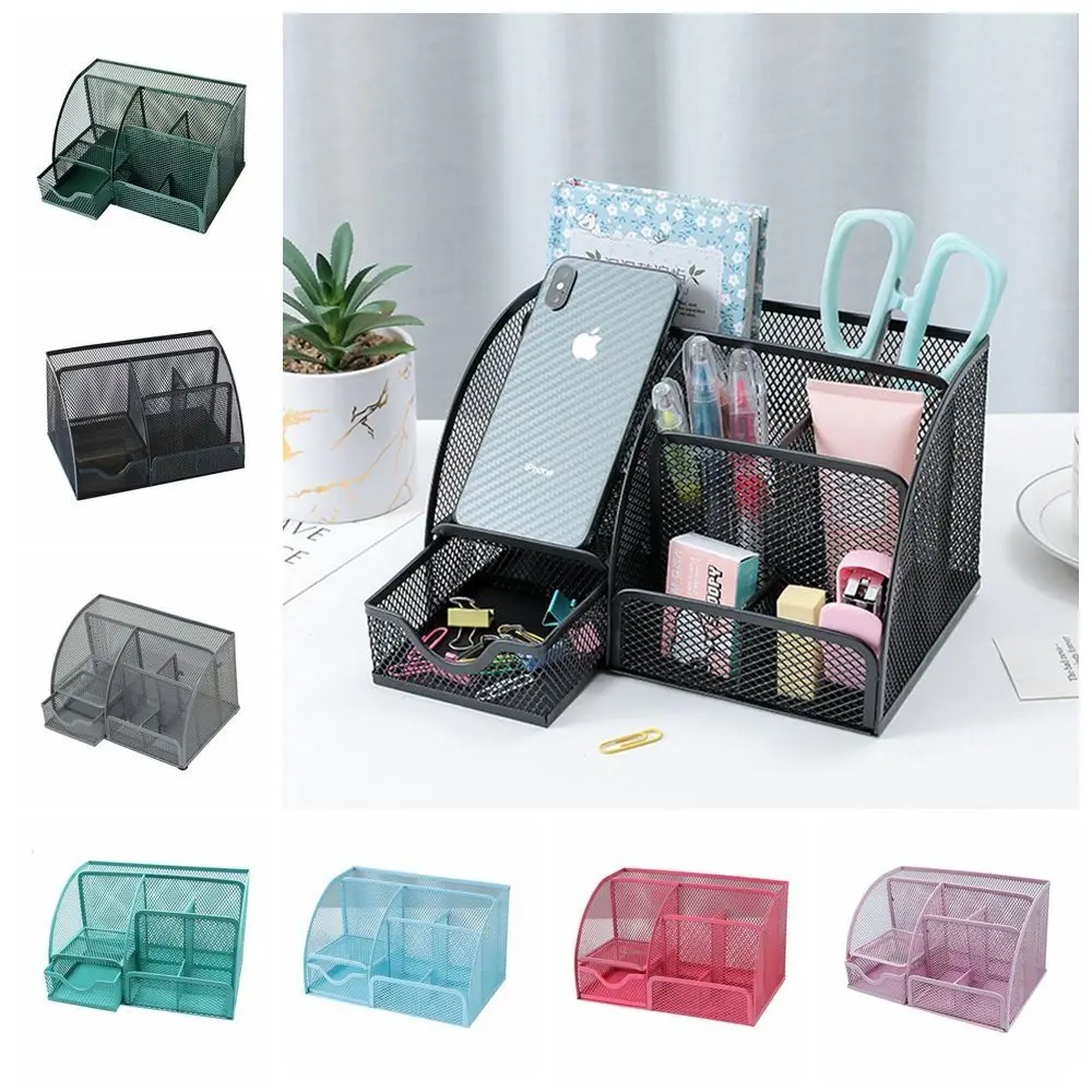 

Multi-functional Multi Grid Pen Holder Creative 6 Compartments Desk Organizer 1 Drawer Metal Mesh Desktop Office Organizer Home