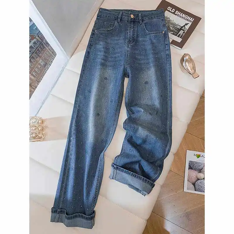 

Summer Rose Embroidered Jeans High Waist Zipper Elastic Deep Blue Trousers French Casual Fashion Female Rhinestone Denim Pants