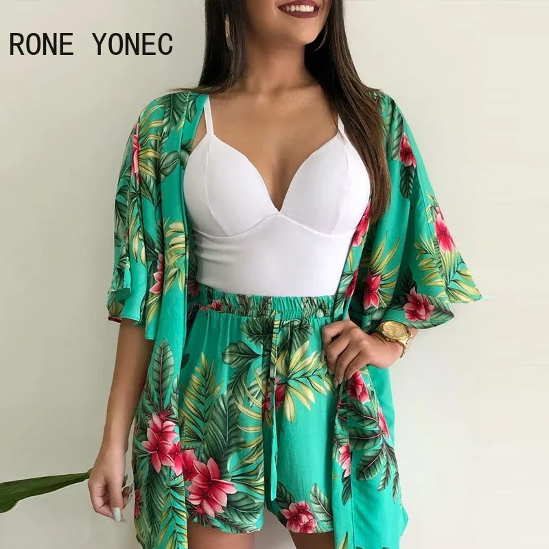 Women Tropical Print Half Sleeve Cover Up & Short Sets Summer Suit