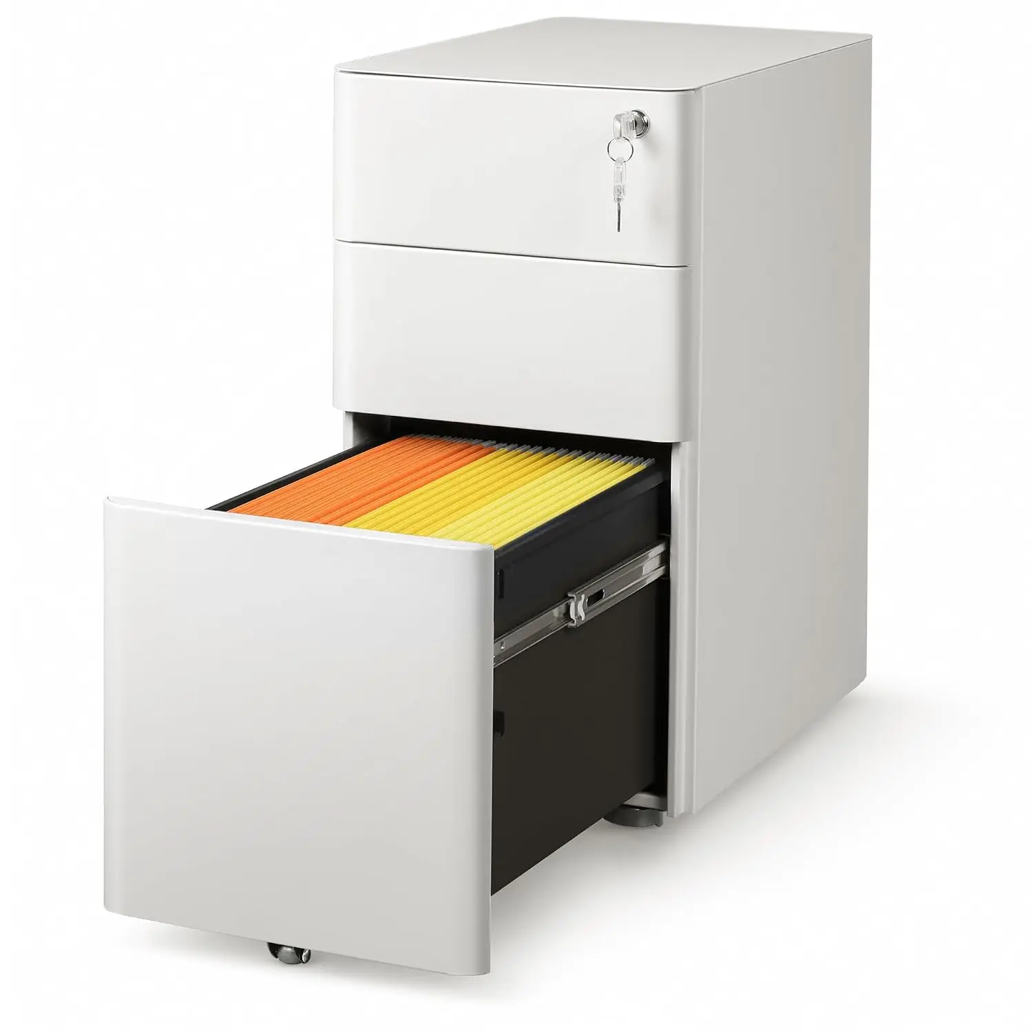Slim 3-Drawer Metal File Cabinet with Lock & Wheels, Under Desk Storage for Letter/Legal/A4 Files, White, Customized