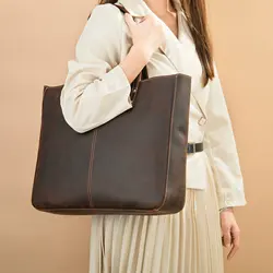 Vintage crazy horse leather handbag for women big capacity cowhide tote soft cow leather shoulder bag female large travel bags