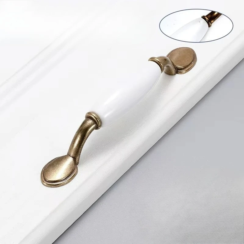 European Furniture Hardware Zinc Alloy Antique Bronze Ceramic White Cabinet Handles Wardrobe Door Handle Drawer Knobs