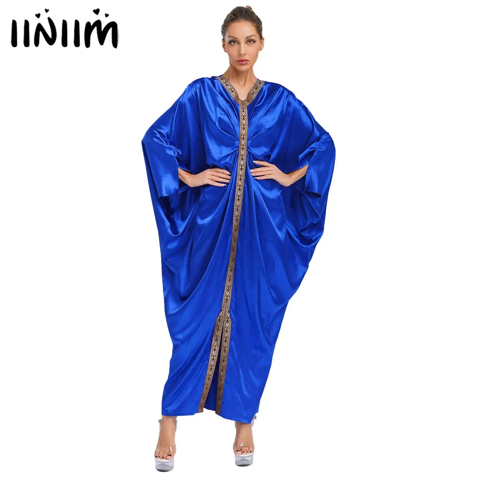 

Women V Neck Ruched Embroidery Muslim Abaya Dress Satin Caftan Dress Islamic Dubai Moroccan Kaftan Fancy Eid Dress Party Dress