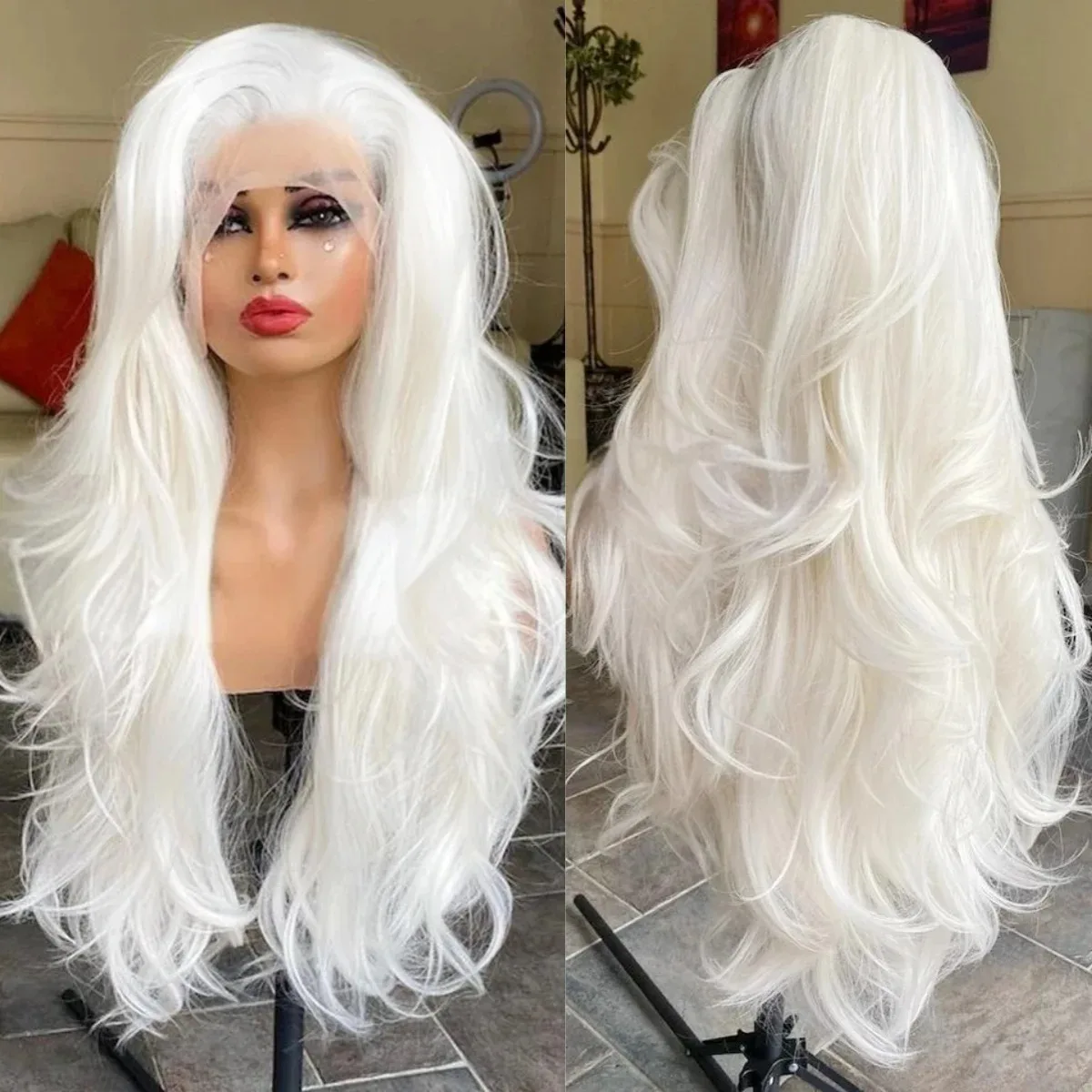 White Wig Natural Wave Straight Lace Front Wig Preplucked 13x4 HD Synthetic And Blend Free Part Heat Resistant Daily Cosplay
