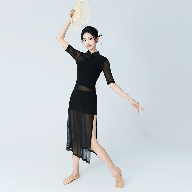 Robe de danse à col montant de style chinois vintage pour femmes, tambour d'été avec fente transparente, robe mi-longue sexy, maille noire transparente