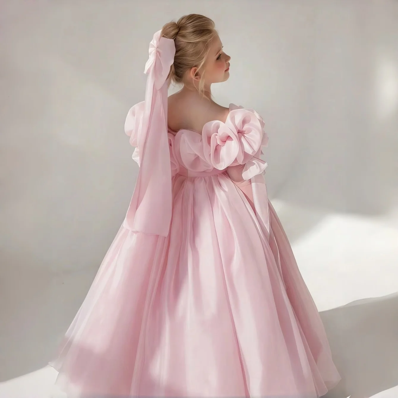 

Pink Satin 3D Flowers Fairy Flower Girl Dress for Wedding Floor Length Organza Communion Dress Girls Birthday Party Ball Gowns