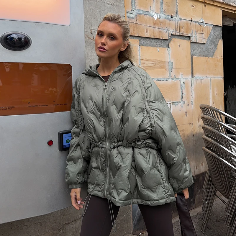 2026 Winter Solid Women Thicken Coat Casual Long Sleeve Hooded Zippers Pleated Female Outwear Elegant Lady Oversize Jacket