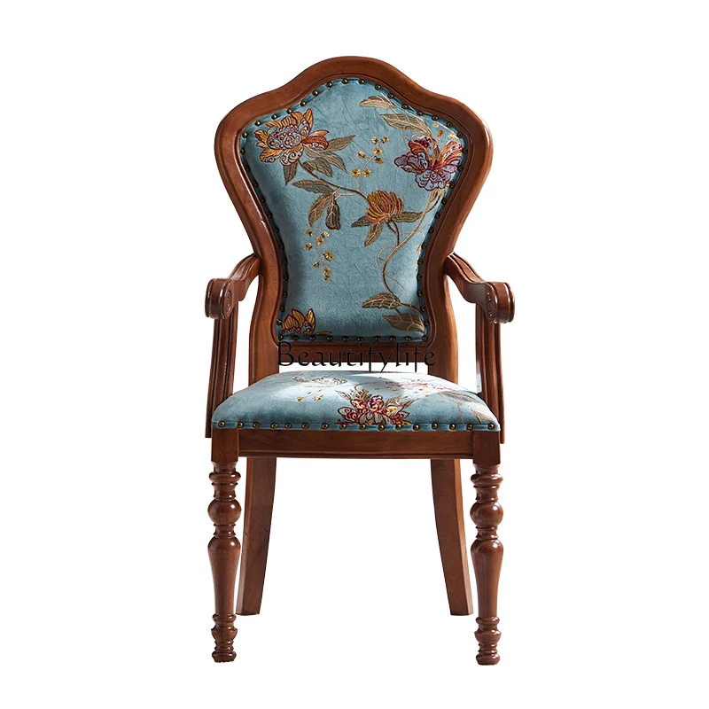 

American all-solid wood dining chair European fabric home backrest computer chair