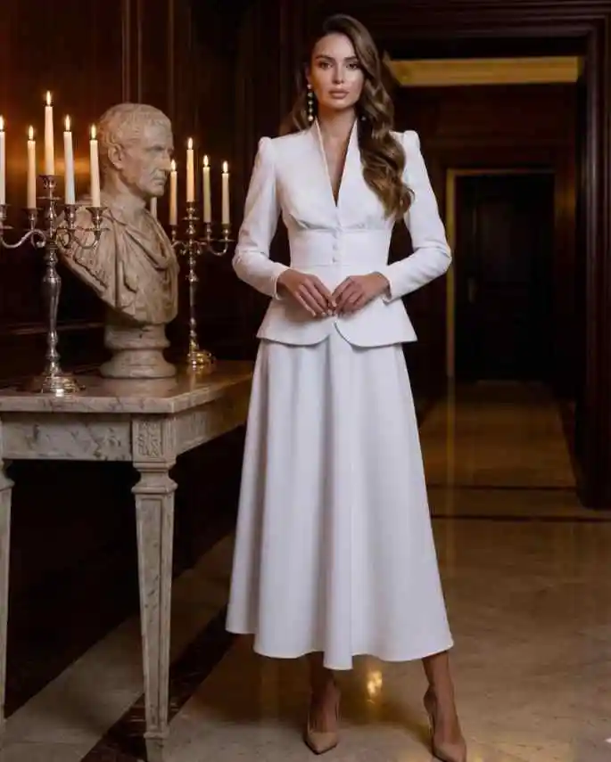 Elegant Two Piece Women Suit Set Peak Lapel Blazer Midi Flare Skirt Formal Church Business Dress Vestido De Fiesta Customized