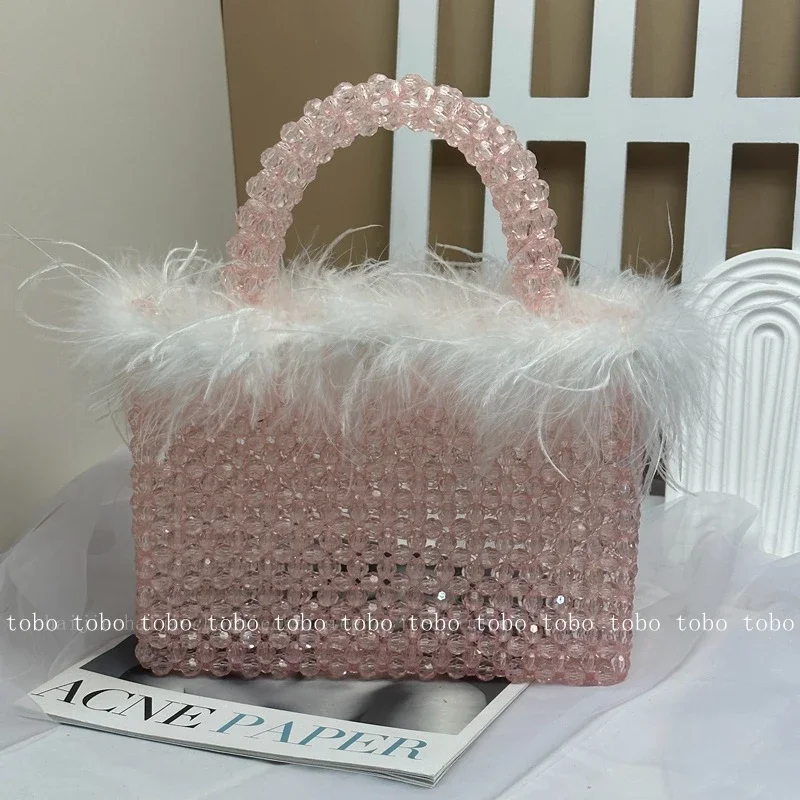 

Original Ladies Unique Evening Party Designer Feathers Bags Elegant Handmade Vintage Pink Beaded Woven Tote Handbags