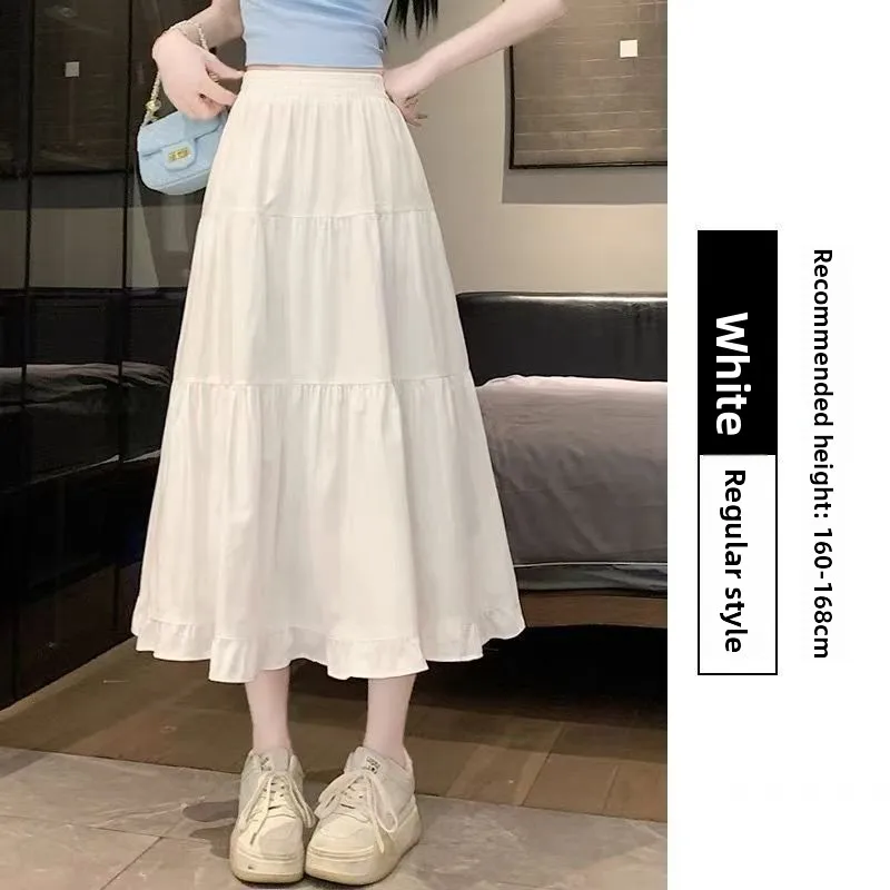 2025 nouveau japonais coréen été blanc Midi femmes a-ligne jupe printemps automne français taille haute mince tombant dentelle gâteau longue jupe