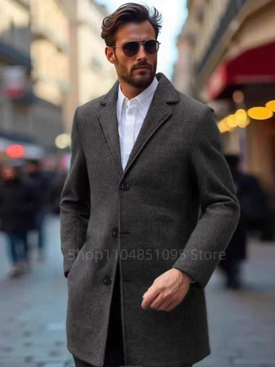 

Fashion Dark Gray Men Woolen Coat Casual Notch Lapel Singel-breasted Coat Woolen Coat Men Long Sleeve Cardigan Overcoat Tops