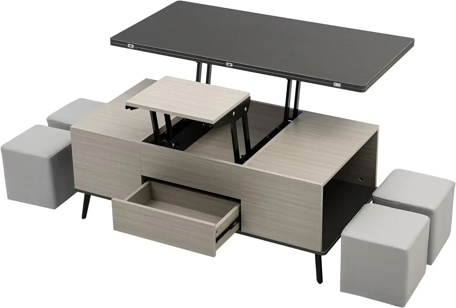 3-in-1 Lift Top Coffee Table Set for Living Room with 4 Stools Modern Extendable Space Saving Dining, Dark Gray