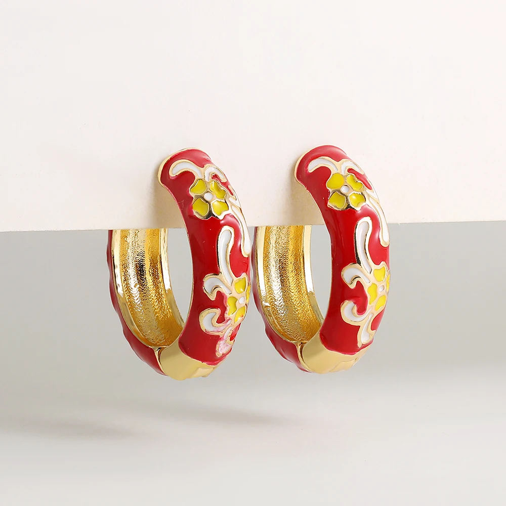 Colorful Enamel Flower Small Hoop Earrings Trendy Geometric Statement Round Circle Huggie Earring Vintage Jewelry Brincos