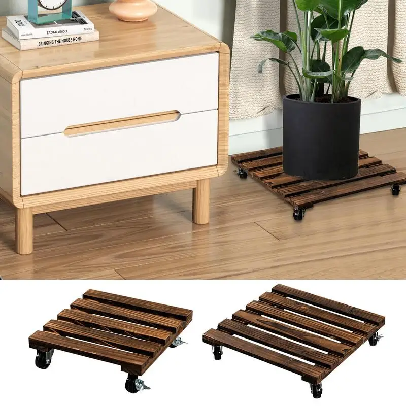 Wooden Plant Stand With Wheels Plant Rollers Mobile Planter Tray Base Plant Dolly Tray Gardening Accessory For Indoor Outdoor