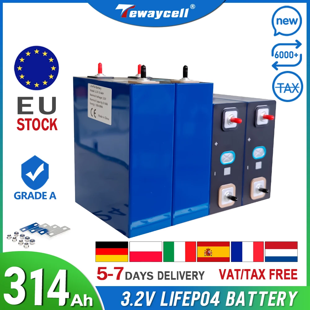 Tewaycell EU Stock 280Ah 314Ah LiFePO4 Battery 12V Grade A Rechargeable Pack 3.2V Lithium Iron Phosphate Prismatic EU Shipping