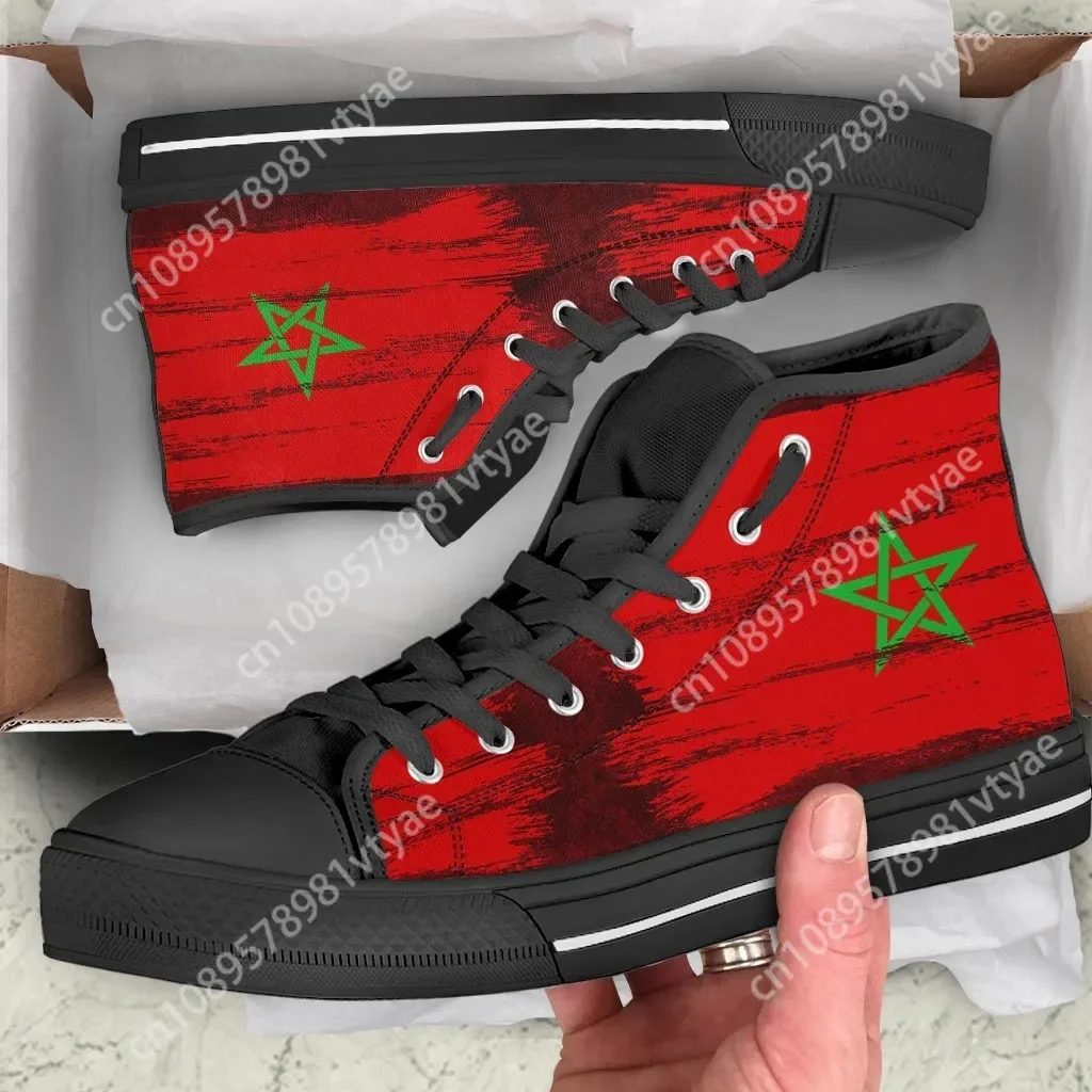 

Custom Made Morocco Flag High Top Canvas Shoes Lightweight Lace-up Man Vulcanized Shoes Breathable Athletic Sneakers Zapatos