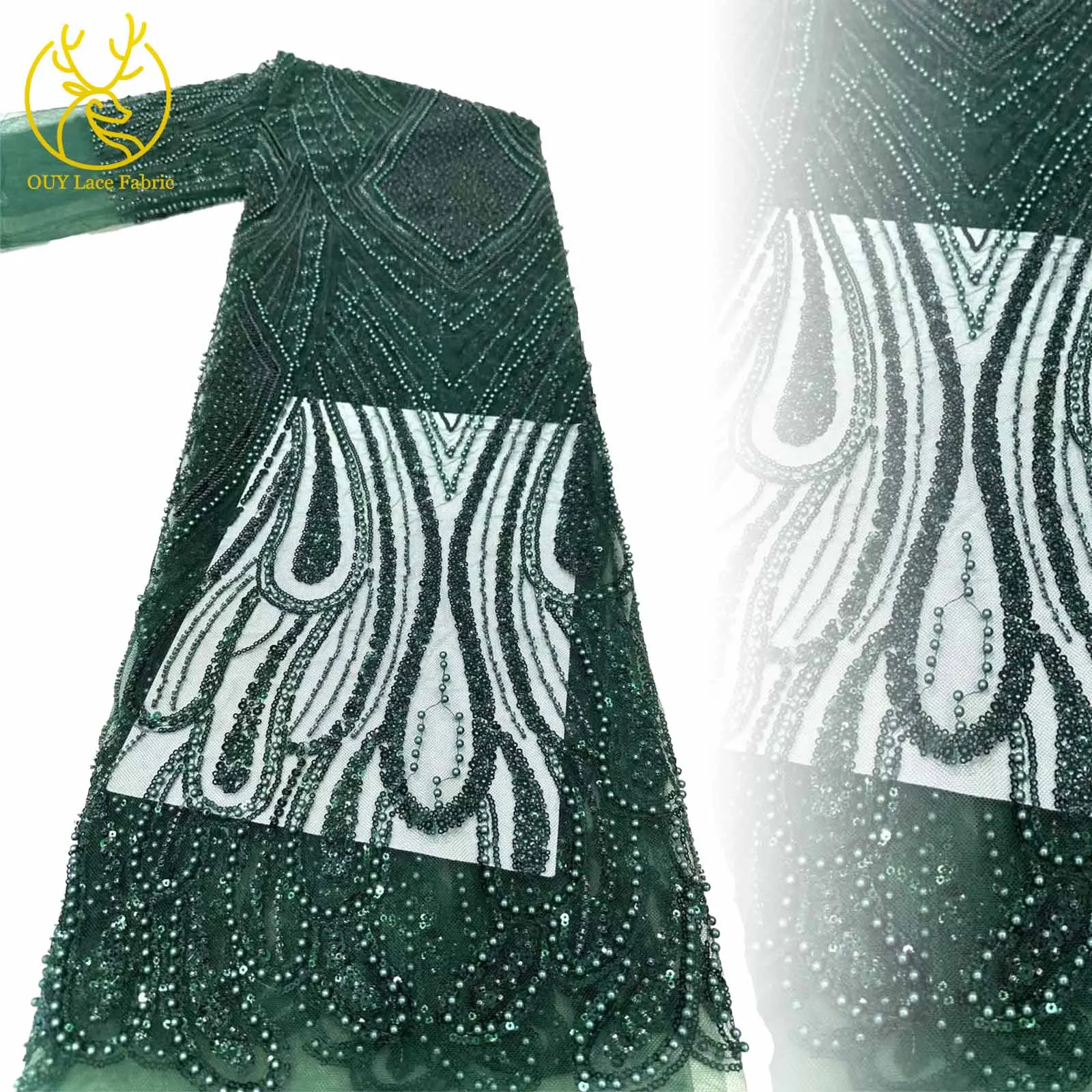 

Hot Sale Green Elegant African Handmade Beaded Mesh Lace Fabric 2025 French Sequins Tulle Lace Fabric For Women Party Dresses