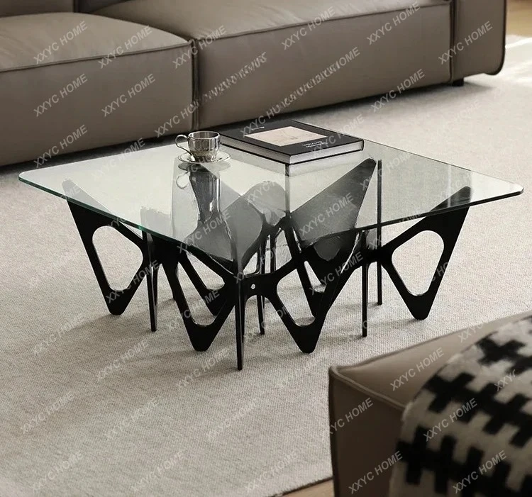 A  Nordic Italian minimalist tempered glass living room square coffee table oak black