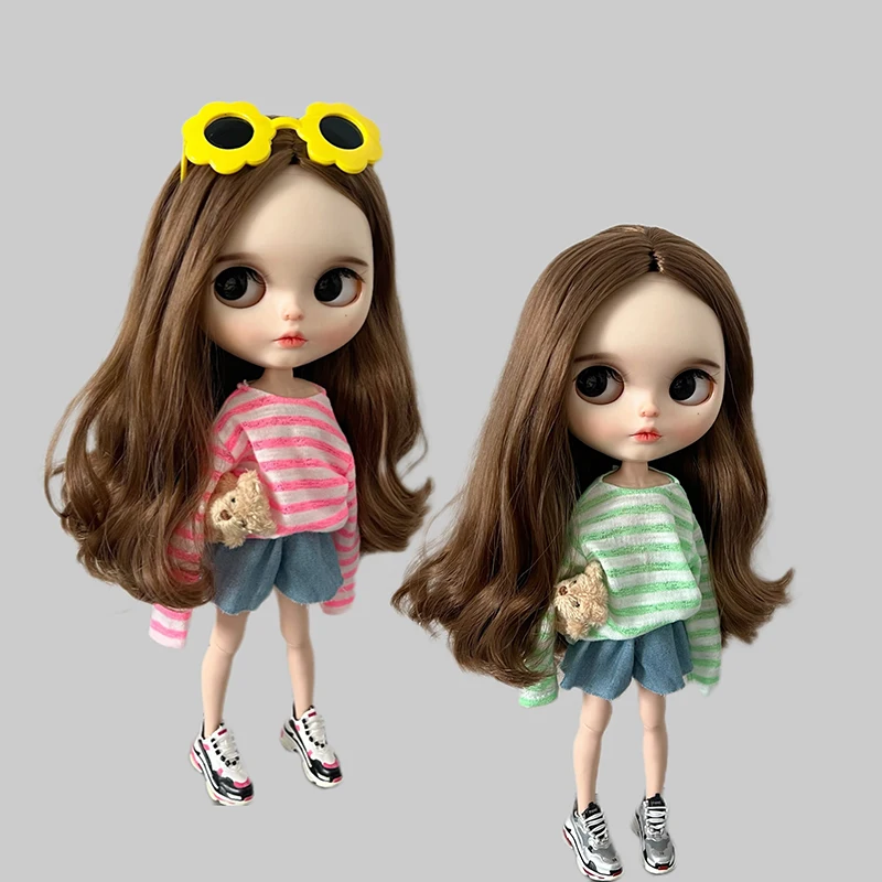 DLBell Blythe Clothes Casual Long Sleeve Striped T-Shirts Round Neck Tees Tops and Shorts for Blyth Barbie OB24 Pullip 1/6 Dolls